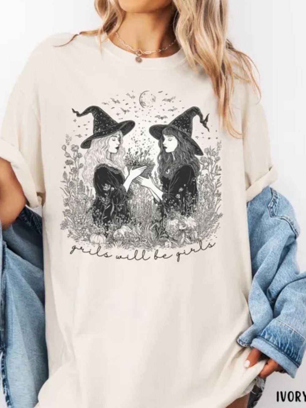 Comfort Ivory "Girls Will Be Girls" Witch Graphic Women’s Tee, Vintage Shirt